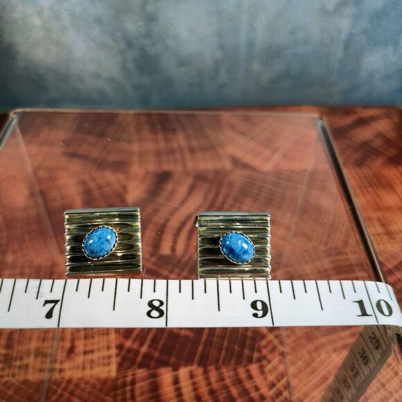 Native American Sterling Silver Denim Lapis Earrings With Ribbed Design - Picture 5 of 11